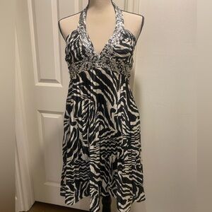 Morgan & Co Women’s Zebra Halter Sequin Short Dress  size large